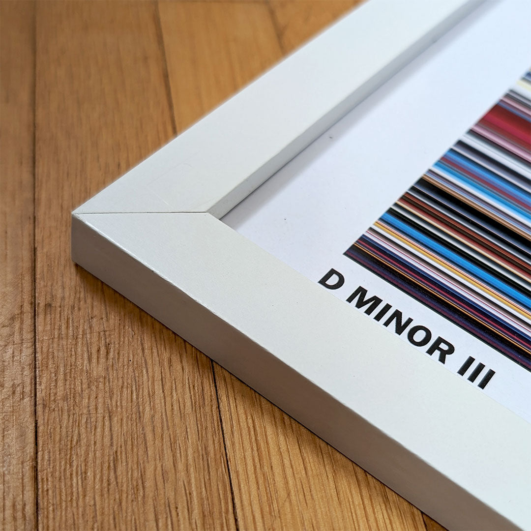 Close up of the corner detail of a white framed multicolour music art print lying on an oak floor