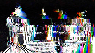 Digital artwork still frame depicting a glitched robot jazz quartet