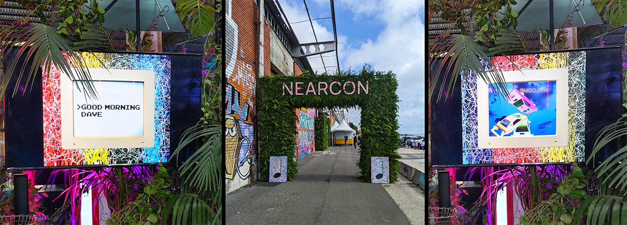 Three images combined showing a digital artwork on display at NEARCon 2022