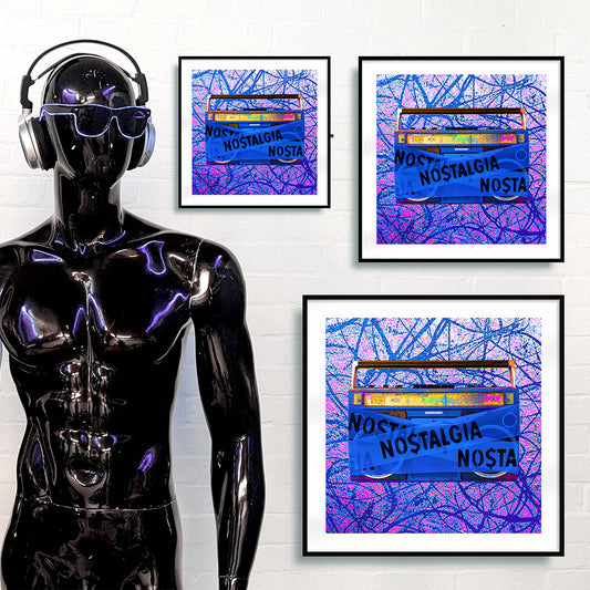 black and purple mannequin standing in front of three framed art prints in a gallery