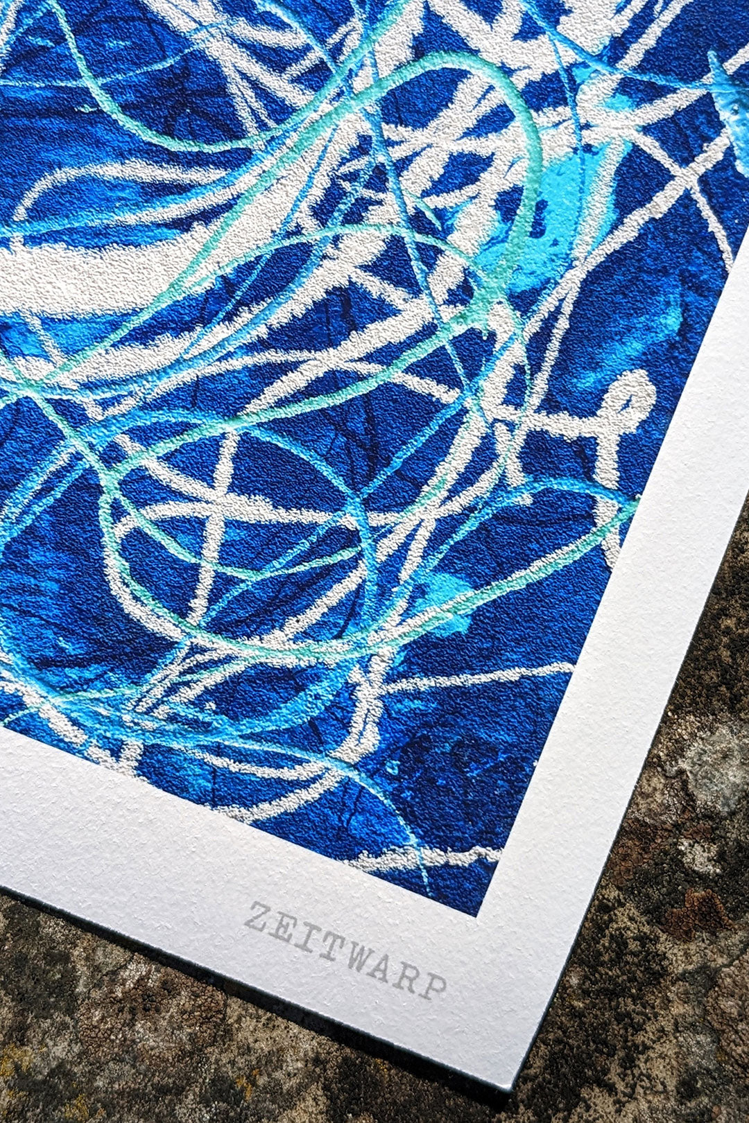 Close up detail photo of a blue and silver abstract giclée print of the music art painting 'G Major Five' by Zeitwarp