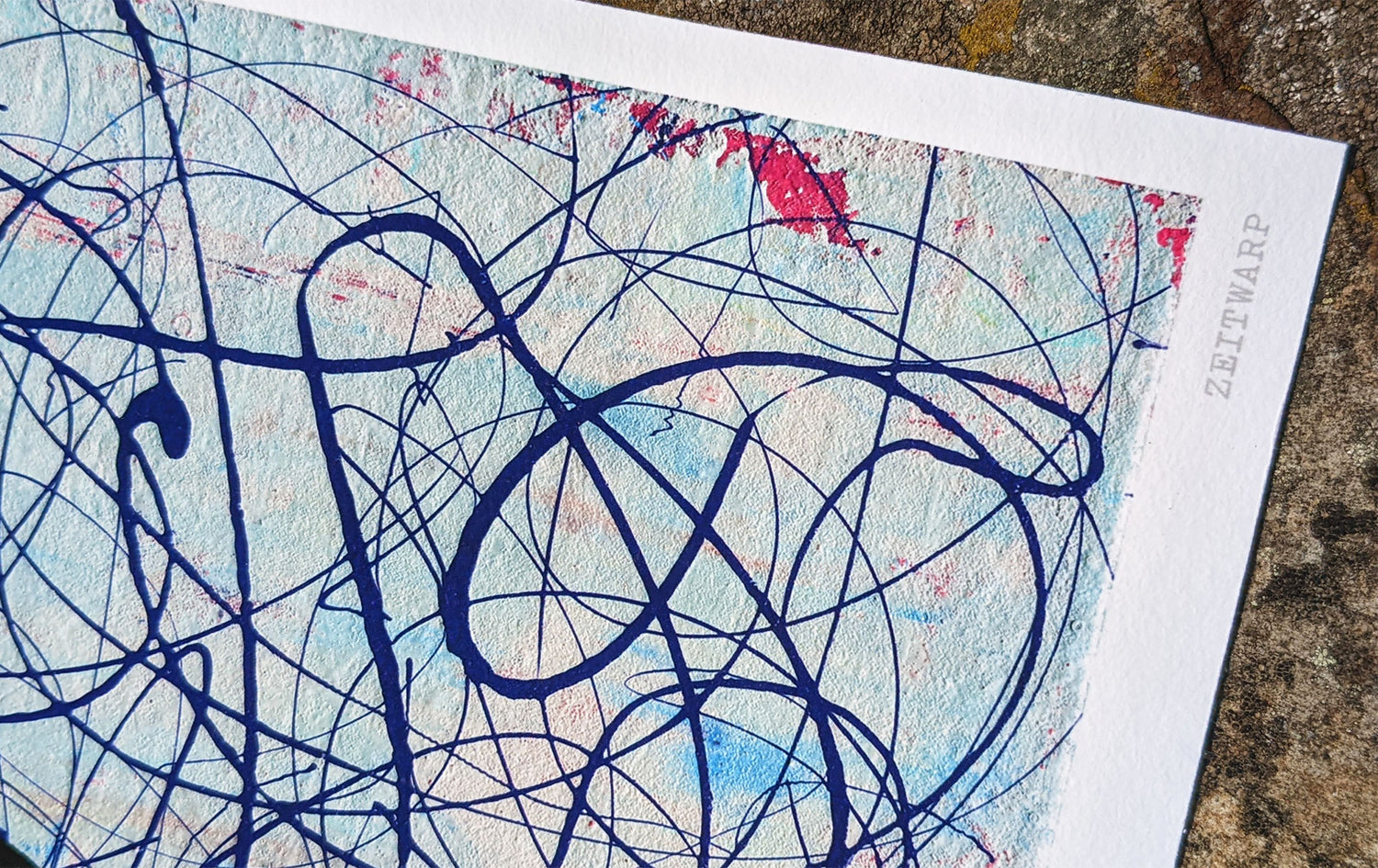 Close up detail of a music art giclée print, silver background with abstract purple pattern