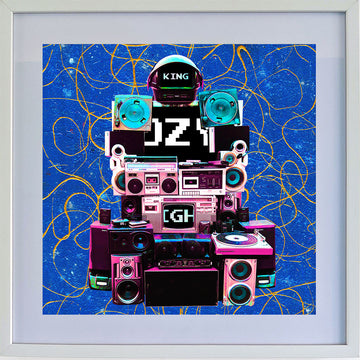 A stack of vintage audiovisual equipment in the shape of a robot with a blue abstract expressionist background