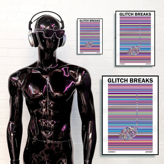 Black mannequin DJ standing in front of three framed pink music art prints