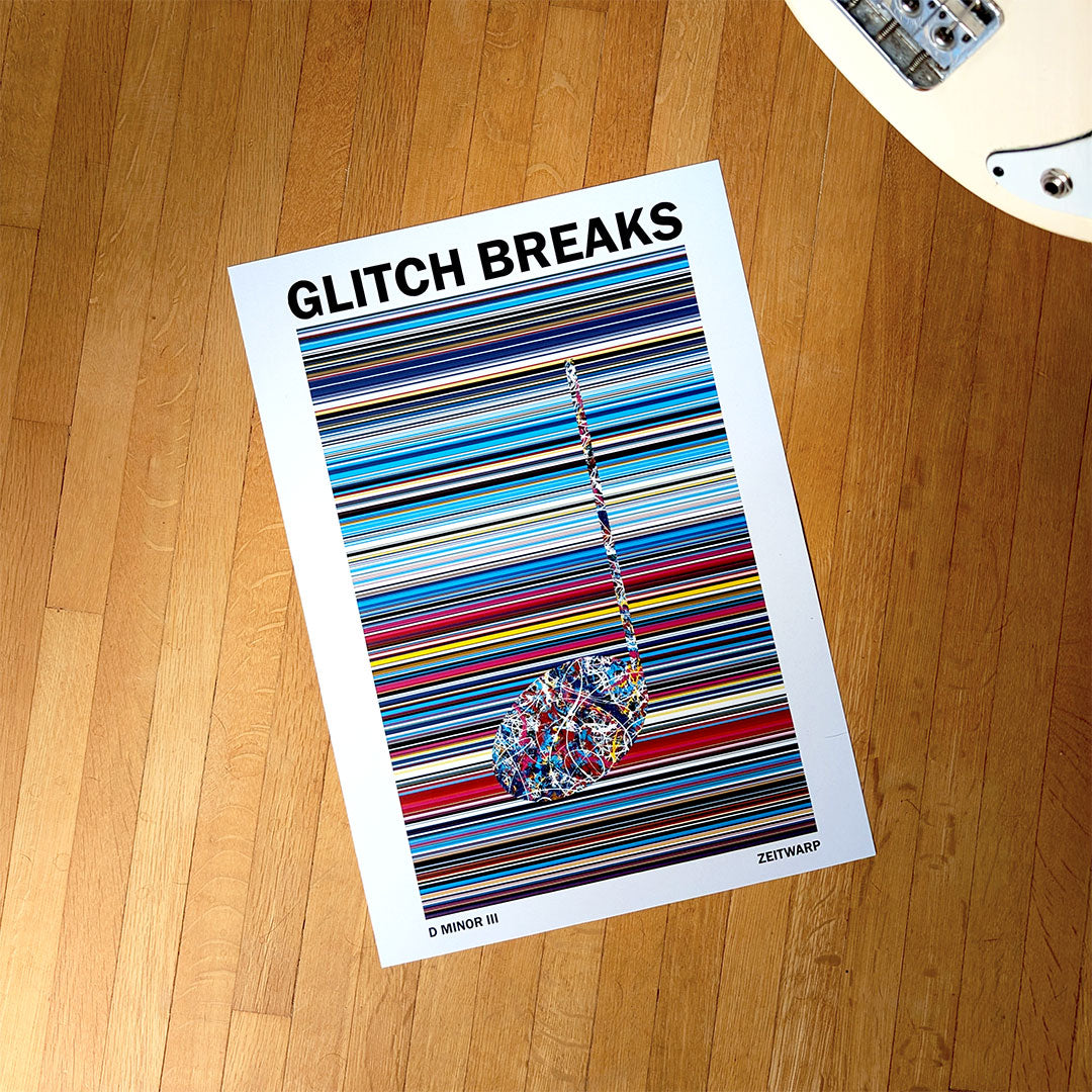Unframed multicolour music art print called D Minor Three lying on a wood floor