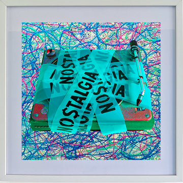 Framed aqua colour vintage bang olufsen turntable art music print, conceptual artwork