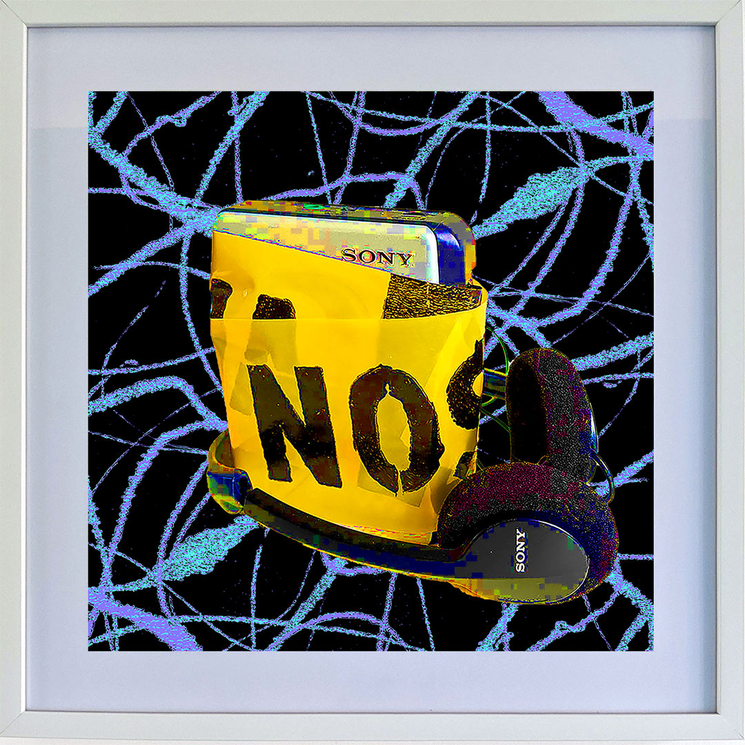 Art print, White Frame, depicting a Yellow Sony Walkman