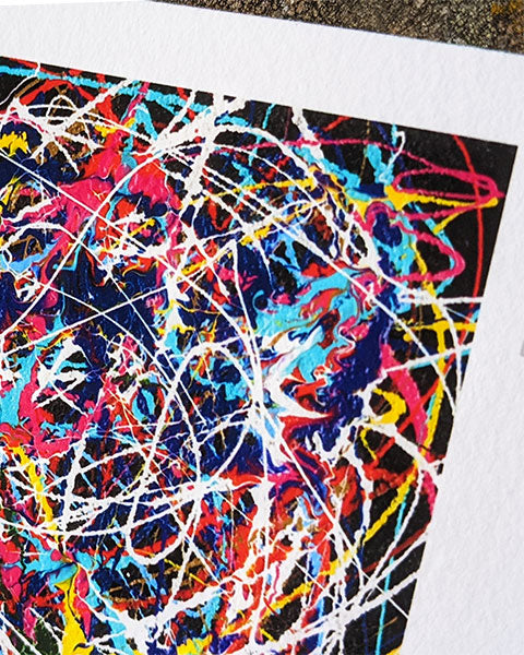 Close up corner detail of a music art giclée print, multicoloured abstract pattern, 