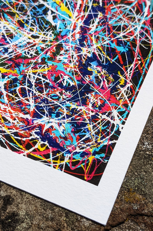 Close up detail photo of a multicoloured abstract giclée print of the music art painting 'D Minor Three'​ by Zeitwarp