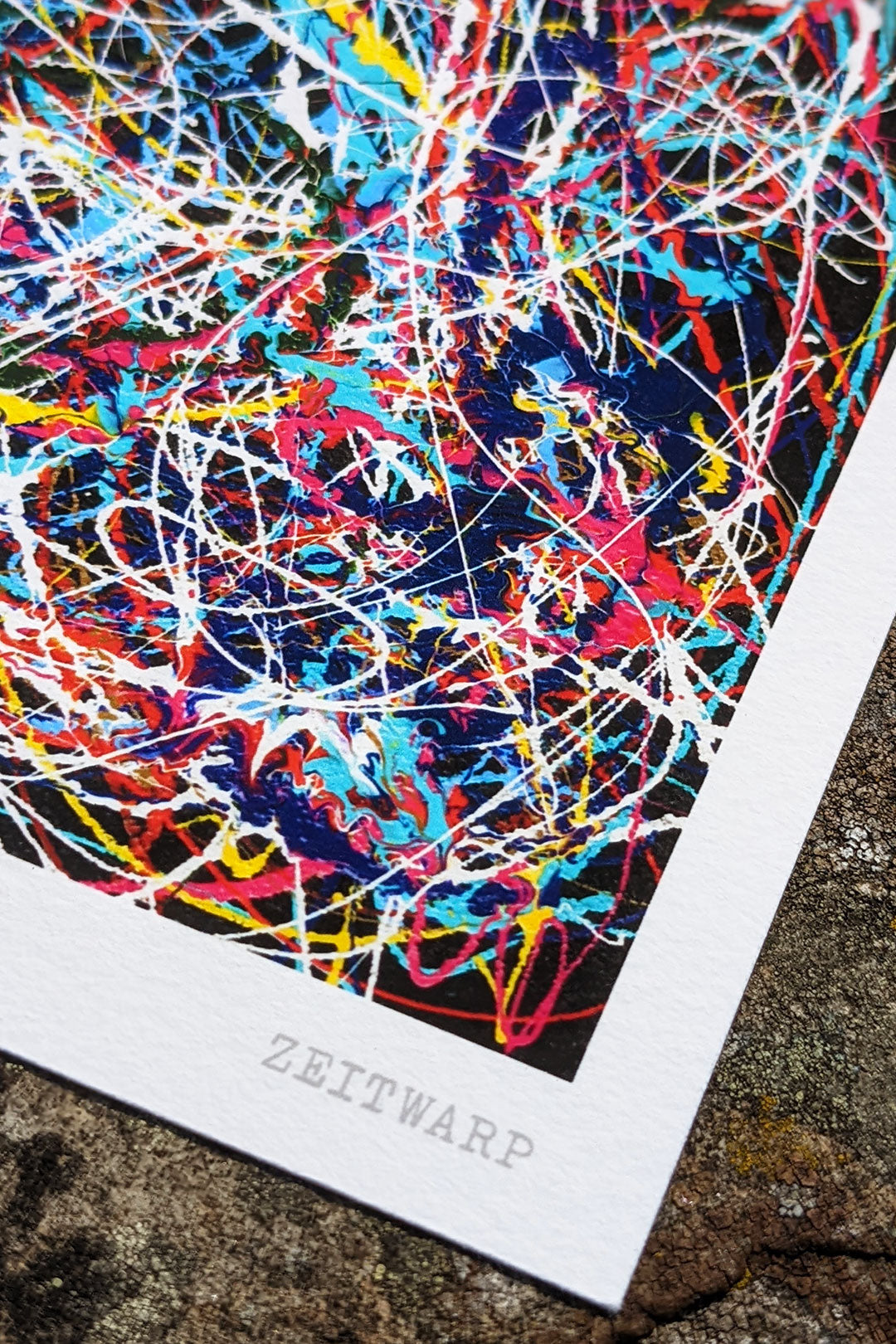 Close up detail photo of a multicoloured abstract giclée print of the music art painting 'F Sharp Minor Five'​ by Zeitwarp