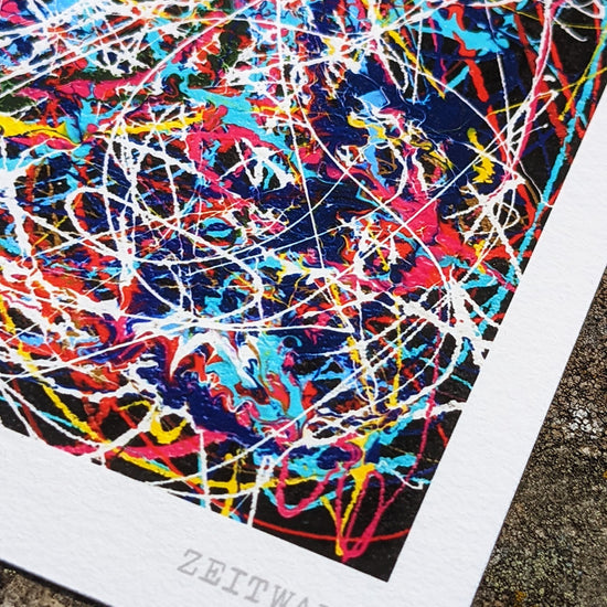 Close up detail photo of a multicoloured abstract giclée print