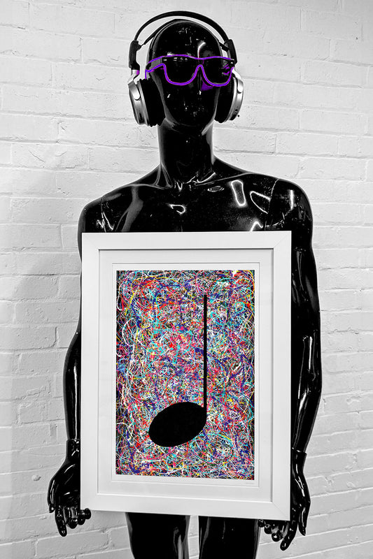 Music Graffiti Art Giclée Print, 'D Minor Three', Framed and held by a Retro Styled Mannequin