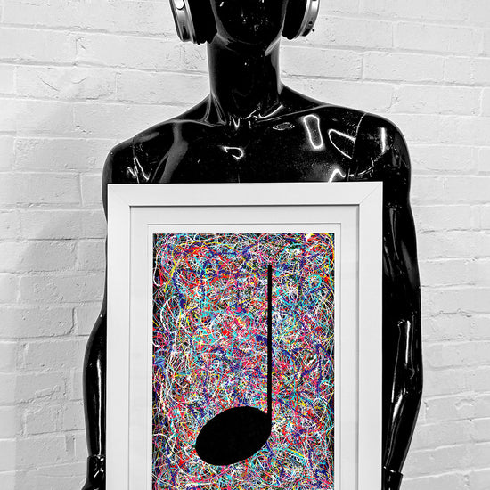 Multicoloured Music Graffiti Art Giclée Print, Framed and held by a black mannequin with blue sunglasses and headphones