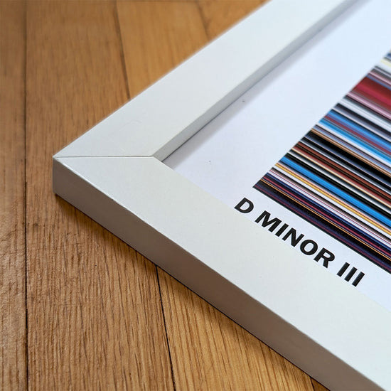 Close up of the corner detail of a white framed multicolour music art print lying on an oak floor