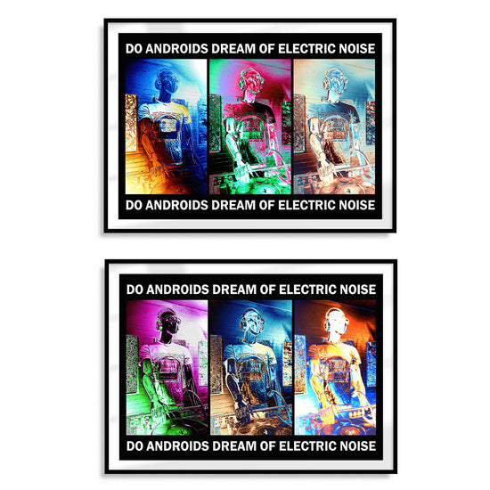 Two framed multicoloured art prints of robot mannequin DJ