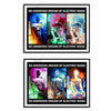 Two framed multicoloured art prints of robot mannequin DJ