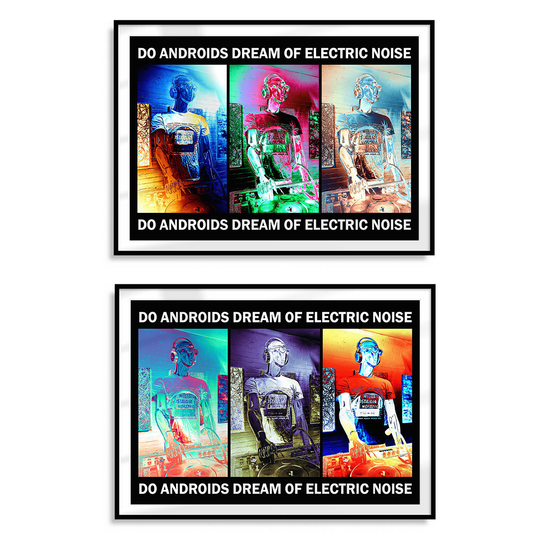 Two framed multicoloured art prints of robot mannequin DJ