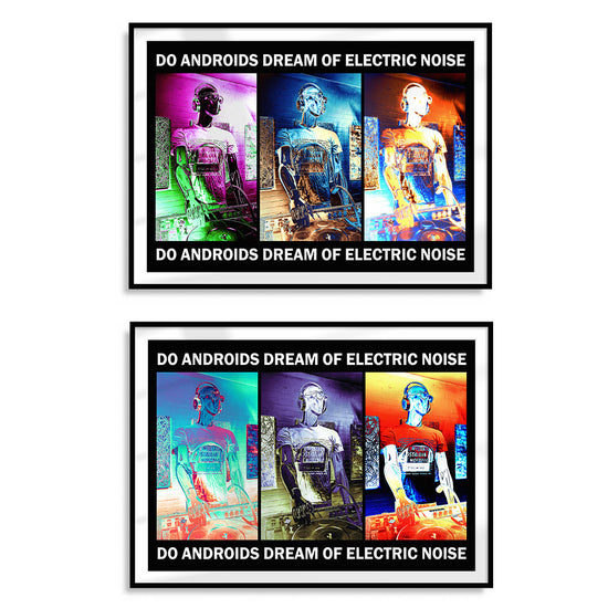 Two framed multicoloured art prints of robot mannequin DJ