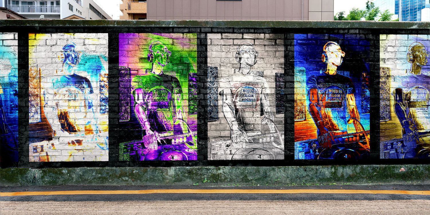 Brick wall mural or images on a retro robot DJ in various colours