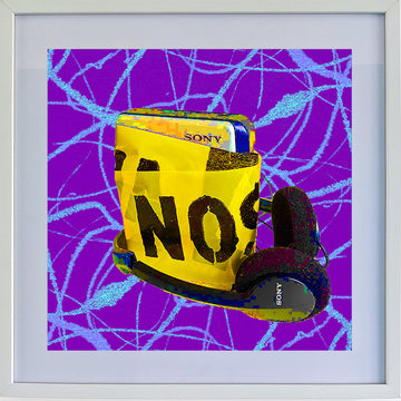 Framed vintage yellow Sony Walkman art music print, purple background, conceptual artwork