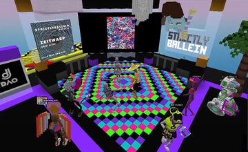 Metaverse DJ set on a dancefloor in Cryptovoxels with a crowd of dancing avatars and a screen