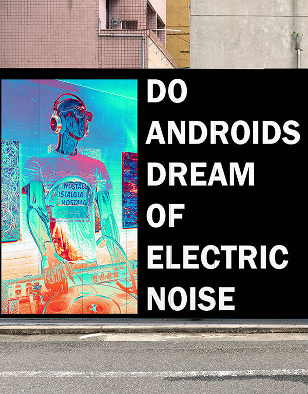 Street scene of metal posters featuring a Robot DJ