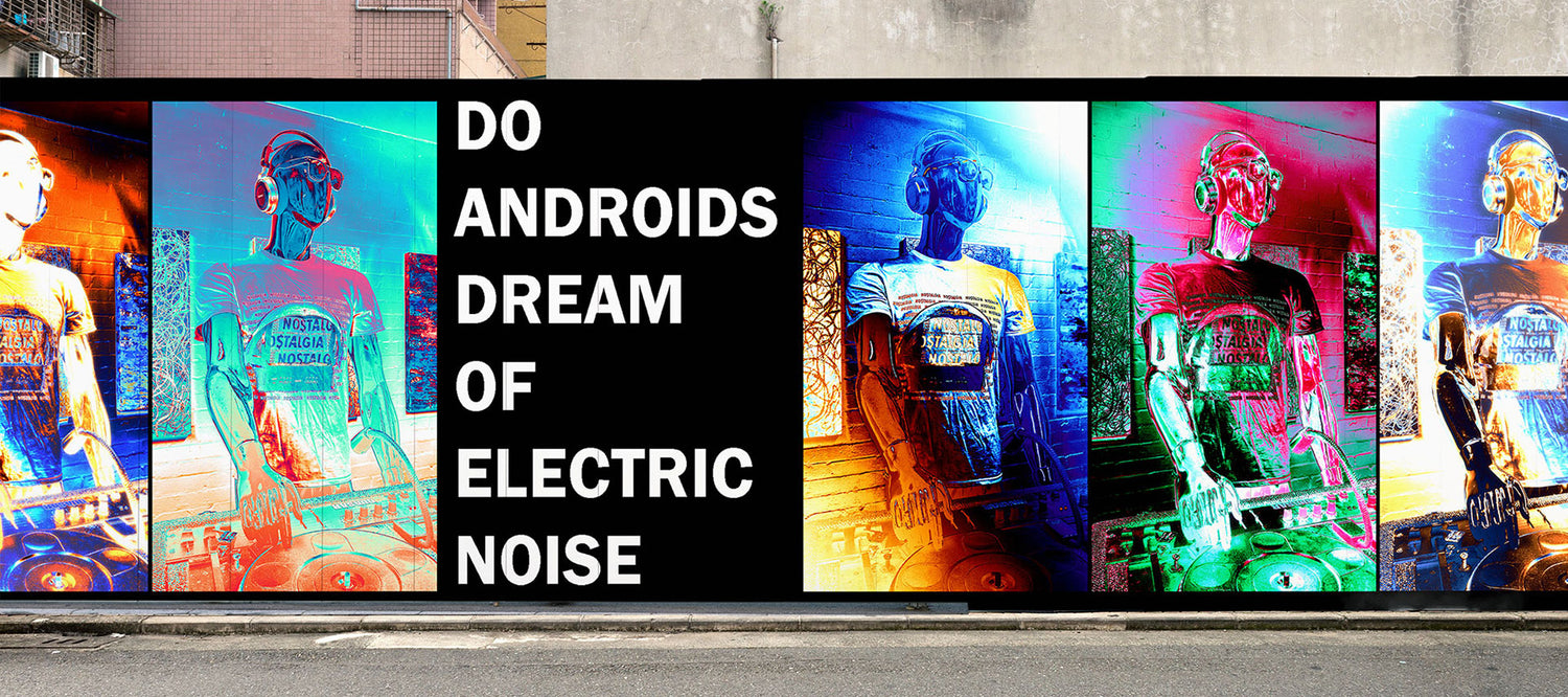Street scene of metal posters featuring a Robot DJ in various colours