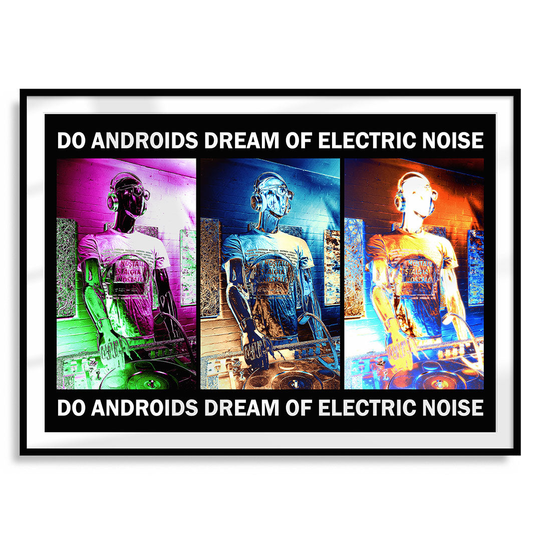 Framed art print displaying a triptych of multicoloured robot mannequin  DJs
