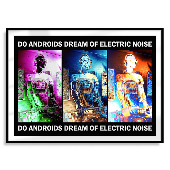 Framed art print displaying a triptych of multicoloured robot DJs