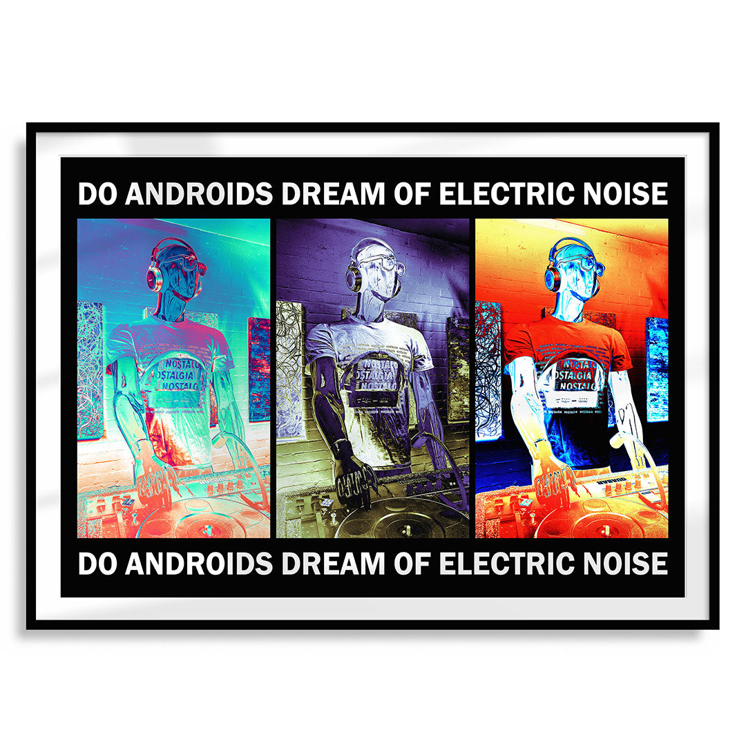 Framed art print displaying a triptych of multicoloured robot DJs