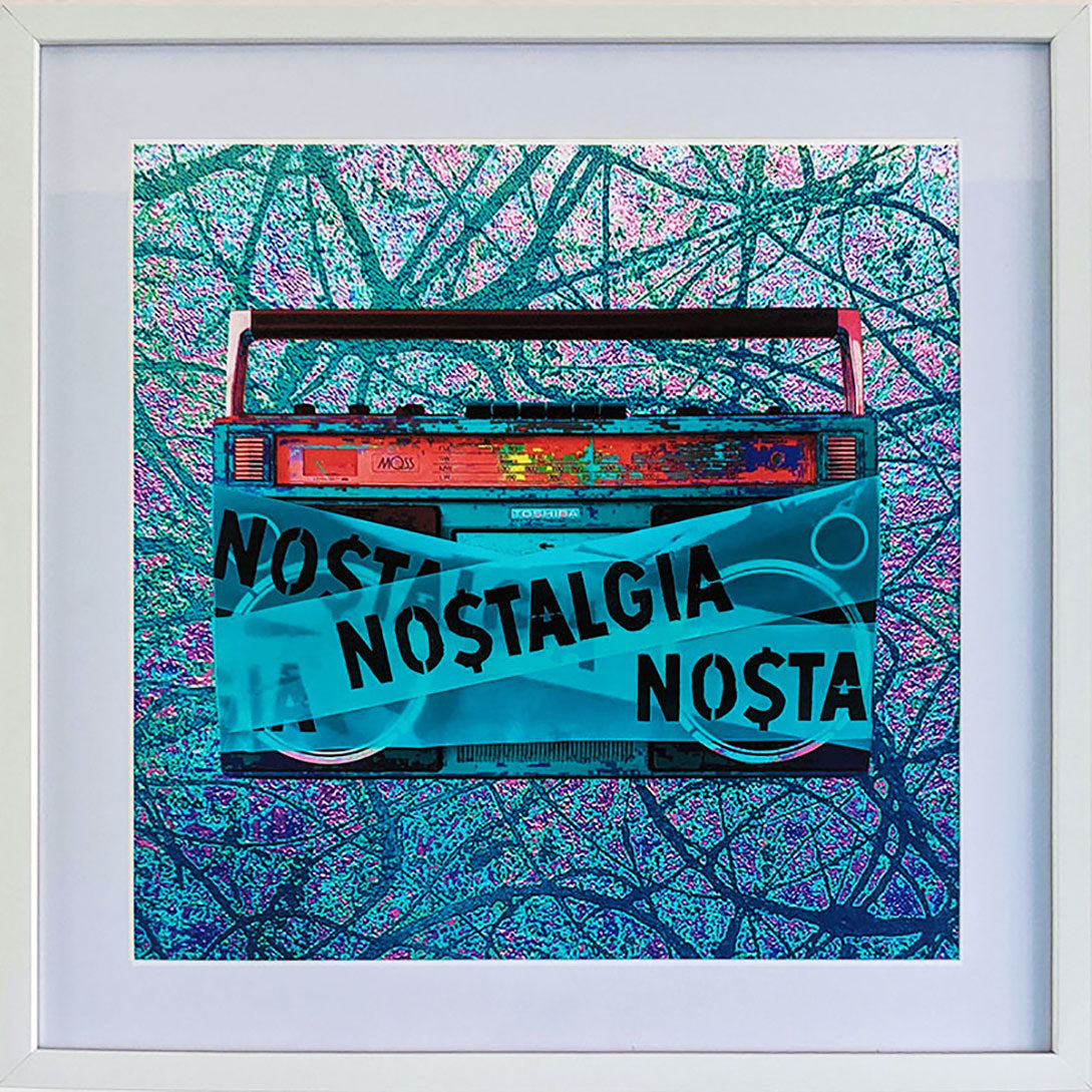 Framed Art Print of a blue vintage boombox with a psychedelic abstract background