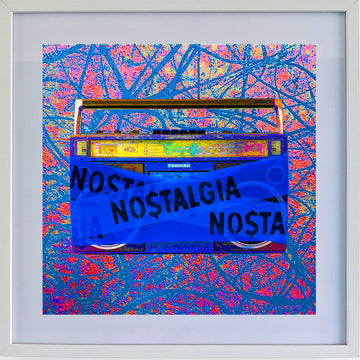 Digital artwork, vintage boom box wrapped in custom hazard type, with an abstract blue spectrum background
