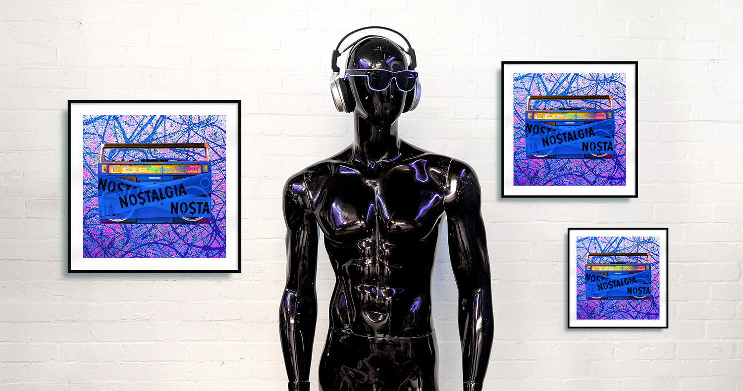 Black and purple mannequin with sunglasses and headphones standing in an art gallery