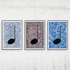 Three Music Art Prints, Framed and hanging on a white concrete art gallery wall