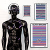 Black mannequin DJ standing in front of three framed multicoloured music art prints