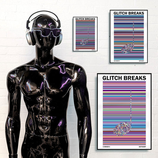 Black mannequin DJ standing in front of three framed multicoloured music art prints
