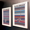 Pair of multicoloured Music Art prints in white frames on a metallic grey painted gallery wall