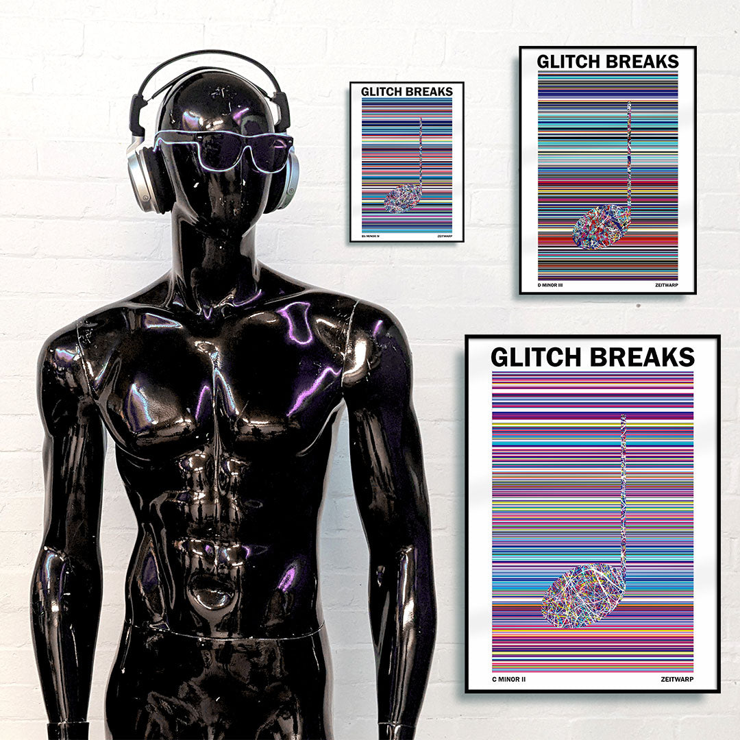 Black DJ mannequin with sunglasses and headphones standing in front of three different framed music art prints on a white wall
