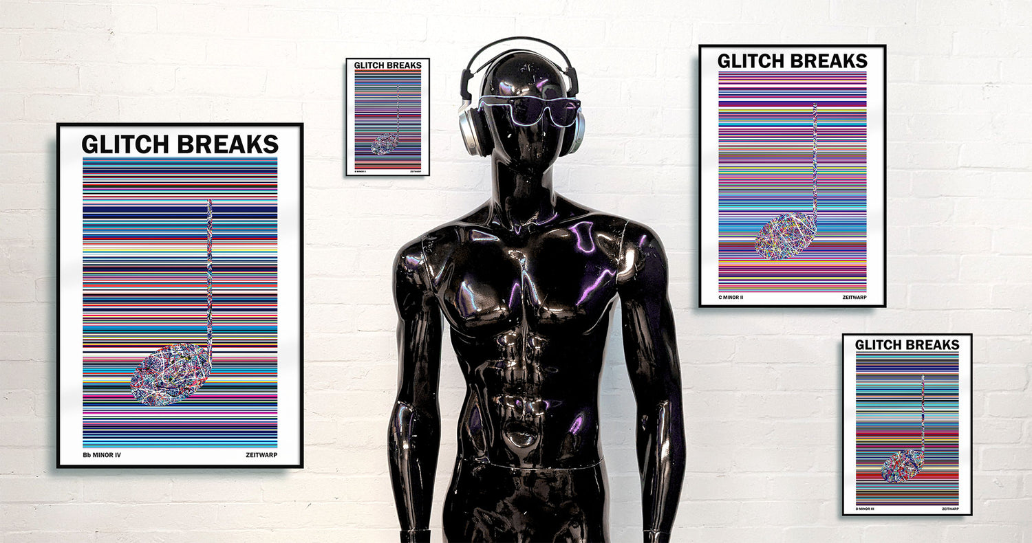 Black DJ mannequin with sunglasses and headphones standing in front of four different framed music art prints on a white wall