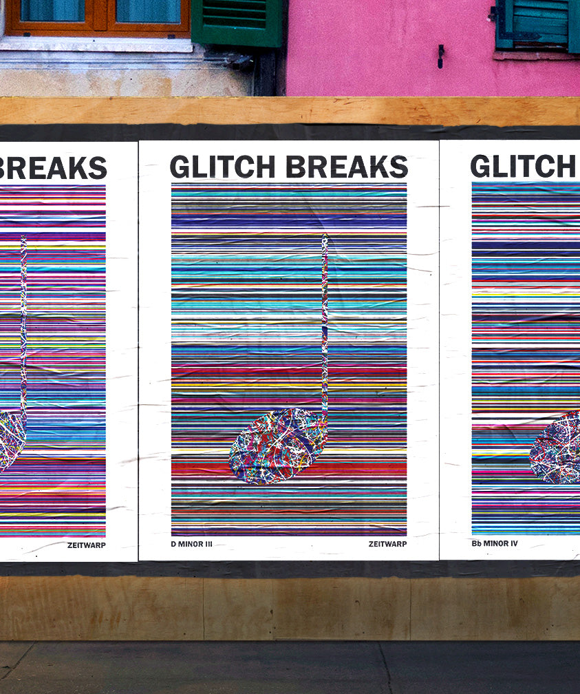 Street scene of a glued poster featuring Glitch Break Art Prints