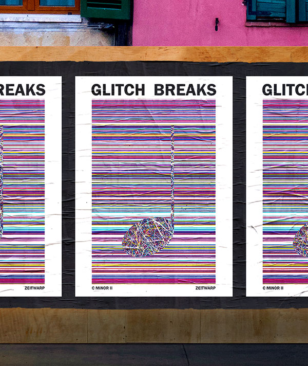 Street scene of a glued poster featuring a Glitch Break Art Prints