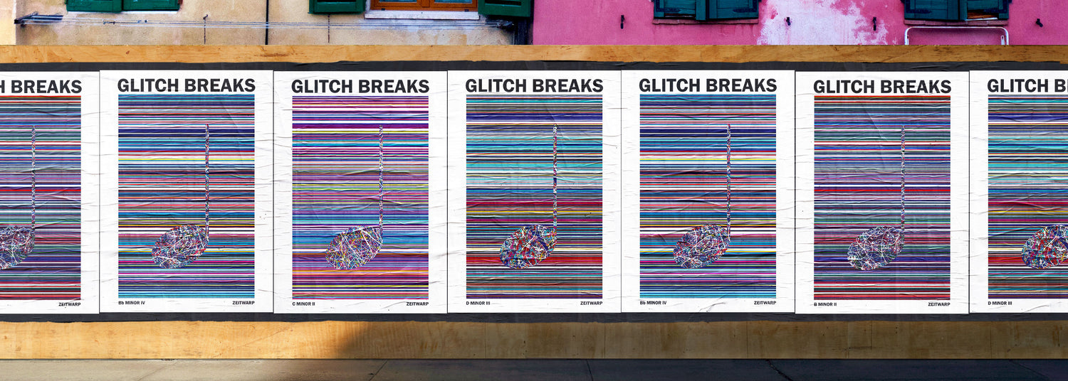 Street scene of glued posters featuring Glitch Break Art Prints