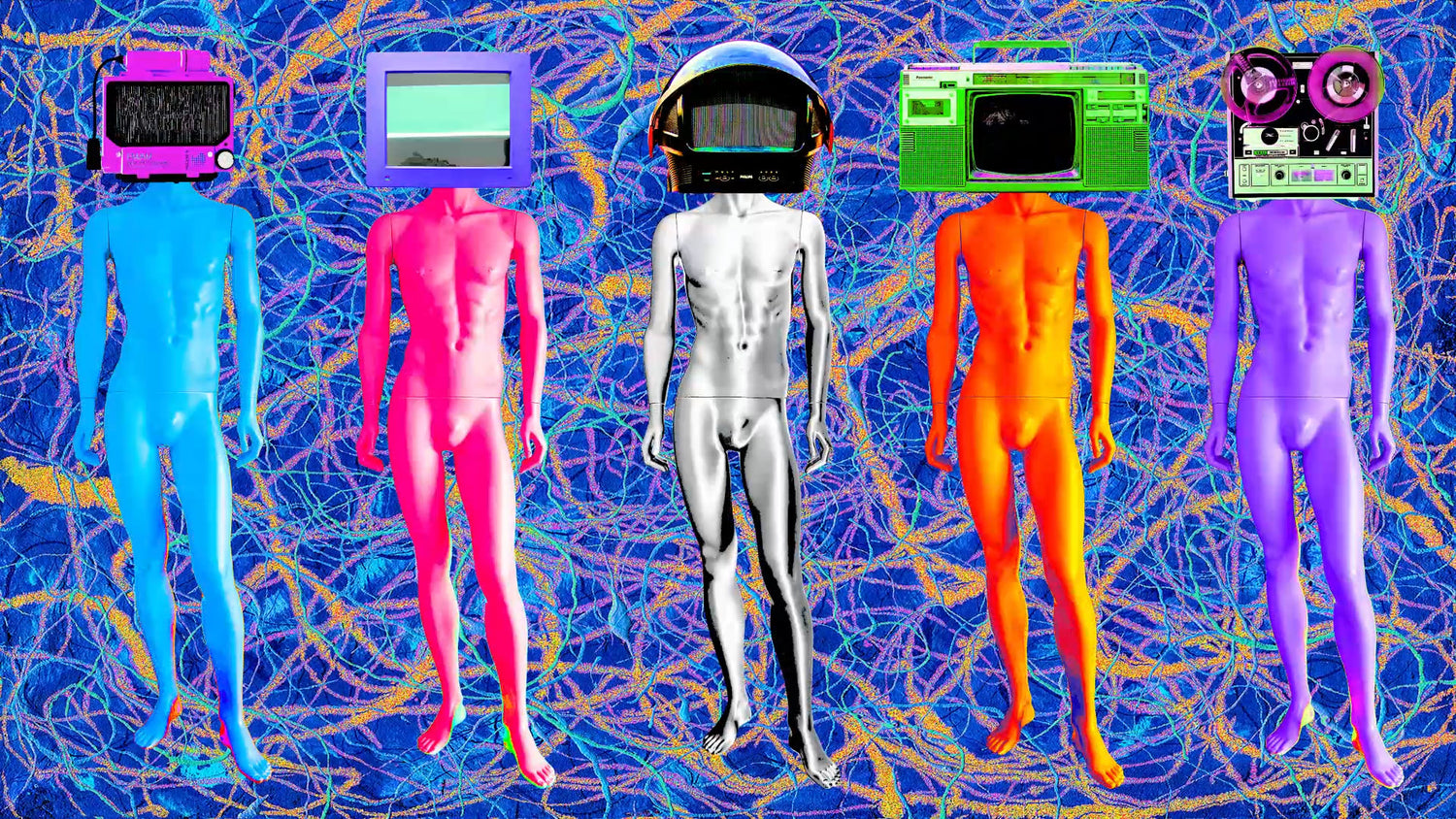 Digital artwork of five mannequins with vintage audiovisual equipment instead of heads, with an abstract multicoloured background