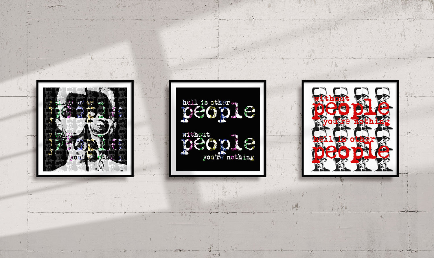 Three square framed Giclee Prints on a concrete wall