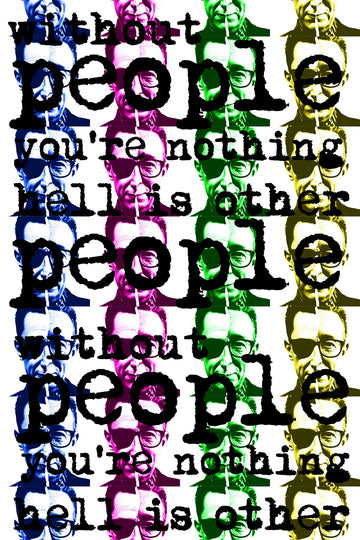 Portrait aspect image of multiple faces depicting Sartre and Strummer with text overwritten and a white background
