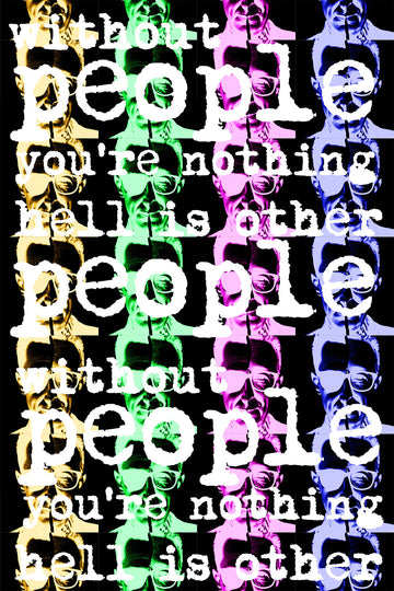 Portrait aspect image of multiple faces depicting Sartre and Strummer with text overwritten and a black background