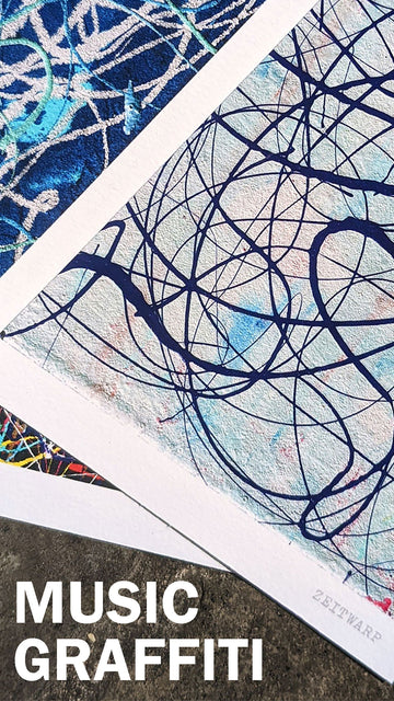 A tall image of three Music Graffiti Giclée Prints with abstract expressionist patterns