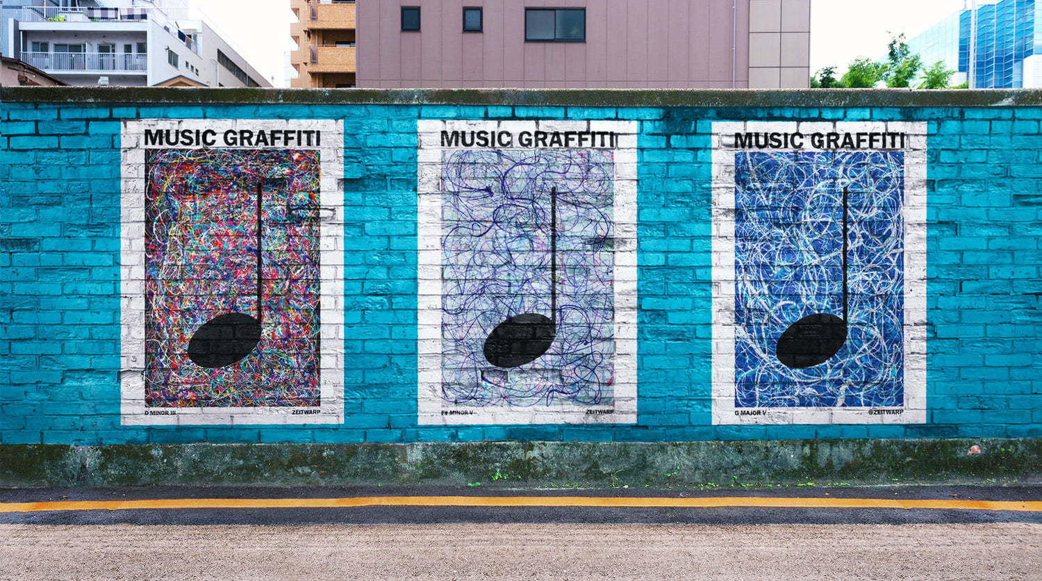 Street Art Mural with three Music Graffiti paintings on a turquoise wall in a city street