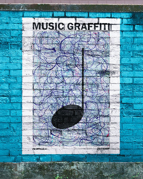 Street Art Mural of a Music Graffiti painting on a turquoise brick wall in a city street