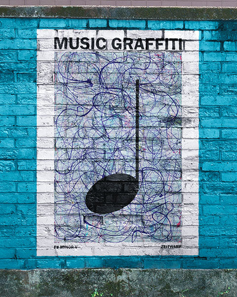 Street Art Mural of a Music Graffiti painting on a turquoise wall in a city street